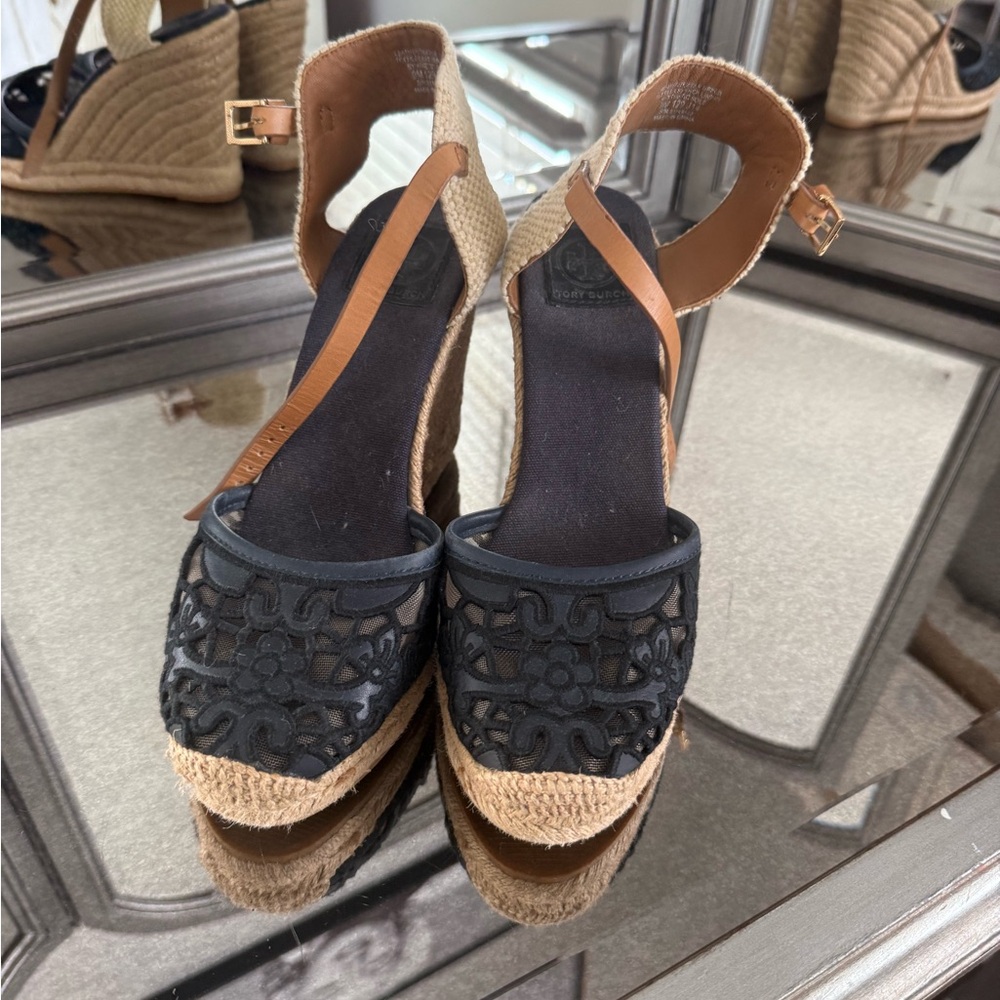 Tory Burch Navy and Tan Wedge Sandals